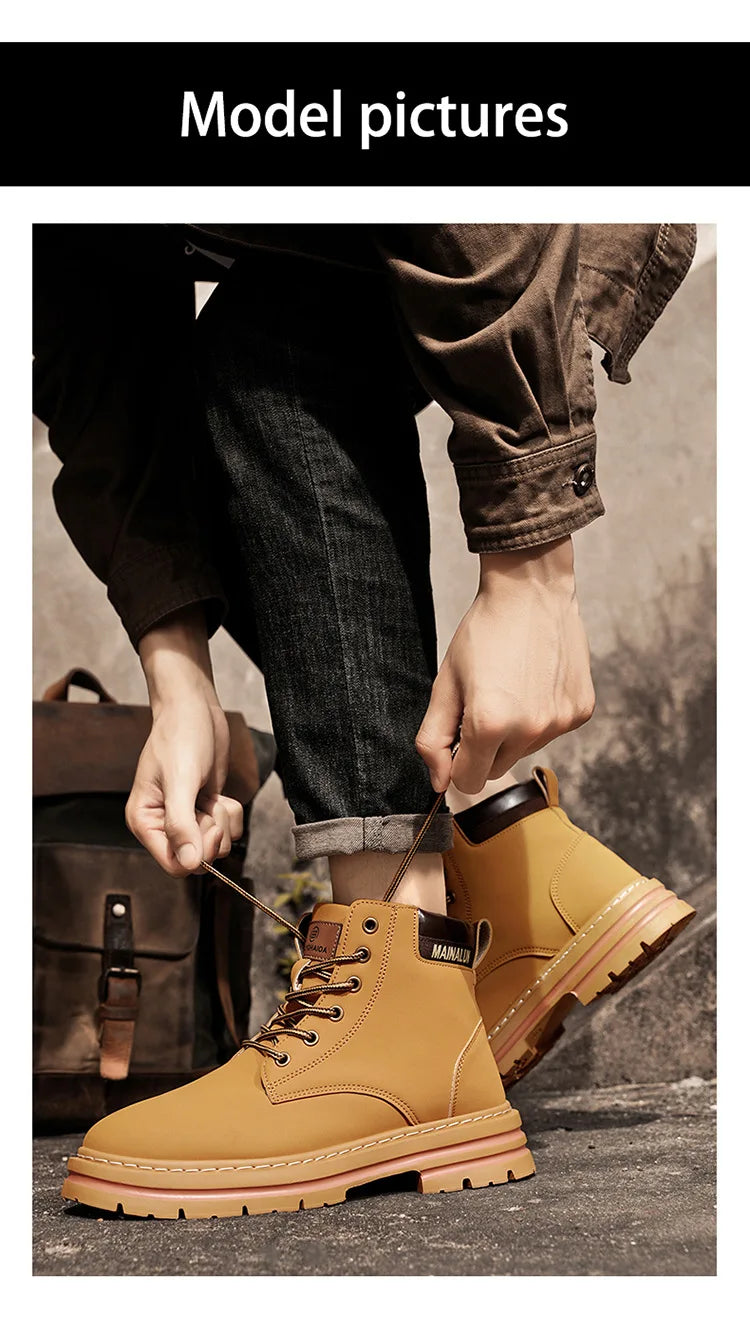 Classic Men High Top Boots High Quality Yellow Leather Boots Fashion Outdoor Sneakers Men Lace Up Non-Slip Ankle Boots for Men