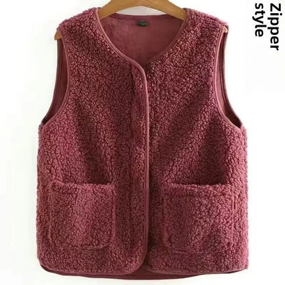 Fashionable Integrated Women's Vest Double Layer Flocking Vest Autumn/Winter Style Jacket Crew Neck Design For All Seasons
