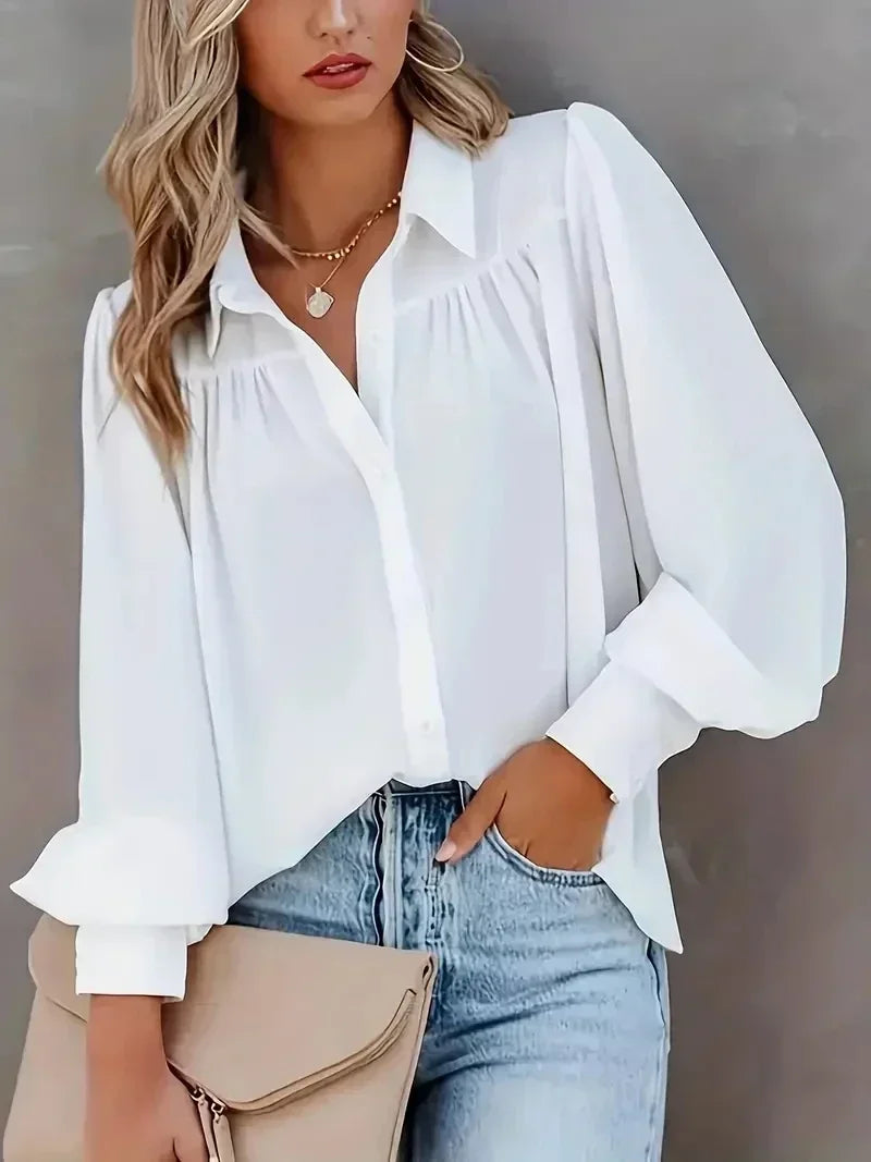 Women Fashion Plus Size 1XL-5XL Basic Blouse Ladoes Solid Button Up Lantern Sleeve Turn Down Collar Blouse Shirt
