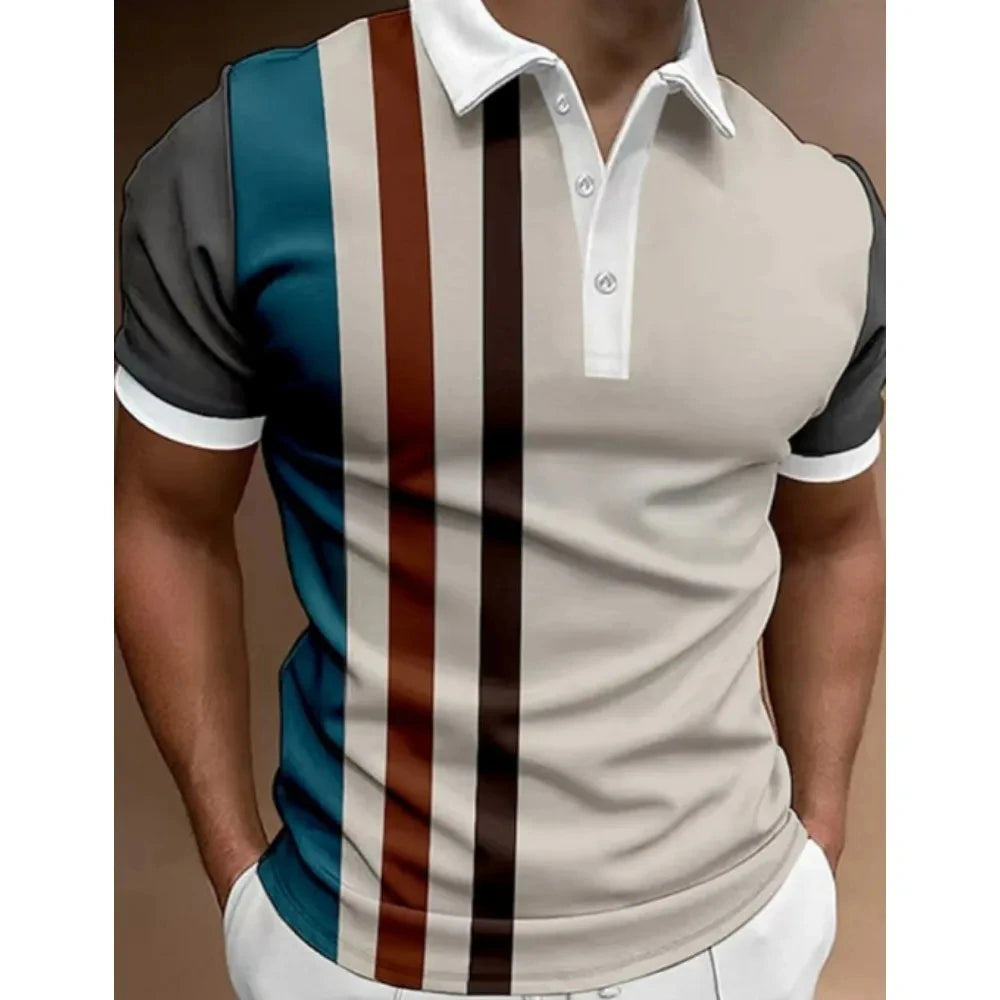Men's Button Polo Shirt Collar Short-sleeved Pullover Sports Summer Casual Button Striped Collar Trend T-shirt Tops