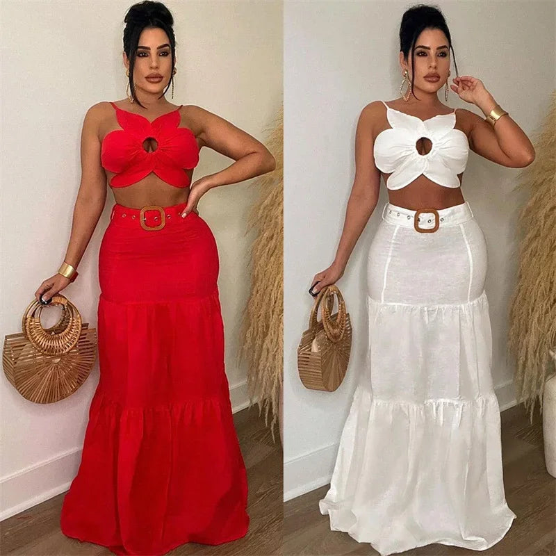 Sexy Party Club 2 Piece Sets Women Outfit Summer Dress Flower Crop Top and Long Skirt Set Elegant Vacation Festival Outfits