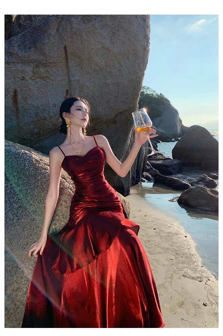 Sexy Solid Spaghetti Strap Sleeveless Evening Dresses Elegant Ruffles Party Long Dress For Women Summer Slim Beach New Vestidos