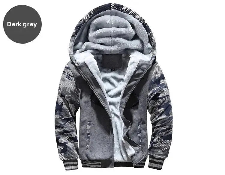 Men's Warmth Hooded Fleece Lined Thickened Baseball Jacket Sweatshirt Korean Style Sporty Top Winter Autumn Seasonal Wear