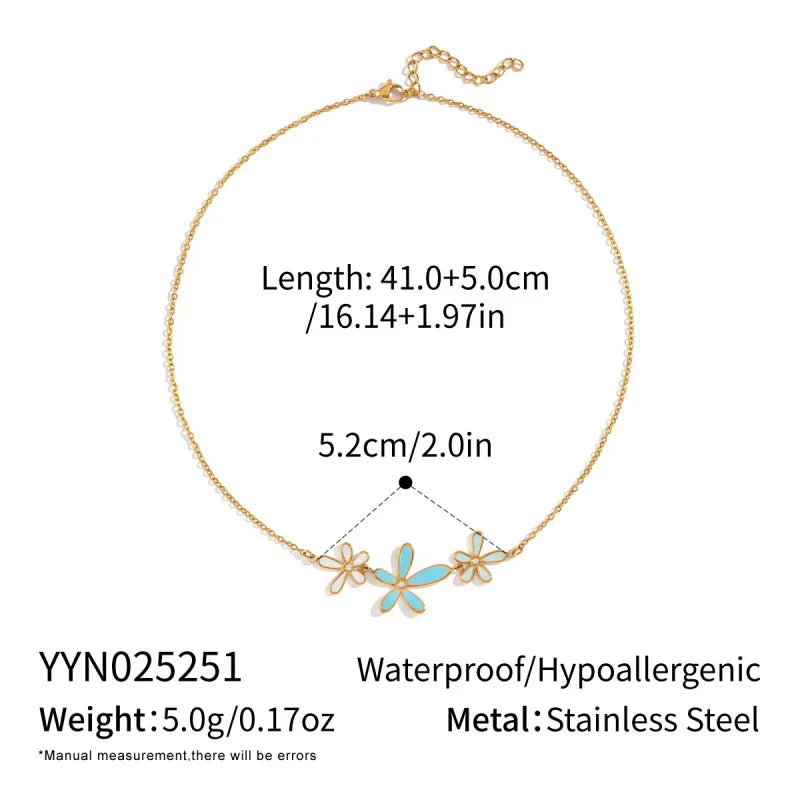 Cute Dopamine White Blue Oil Drop Diamond Flower Necklace 18K Gold-plated Stainless Steel Jewelry Set for Women Wholesale