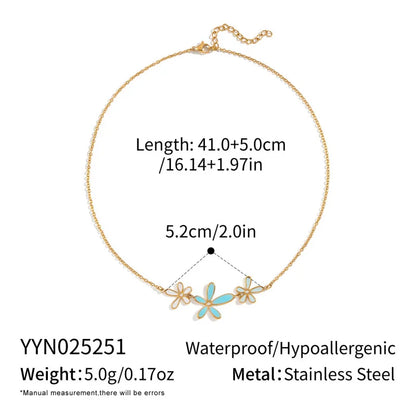 Cute Dopamine White Blue Oil Drop Diamond Flower Necklace 18K Gold-plated Stainless Steel Jewelry Set for Women Wholesale