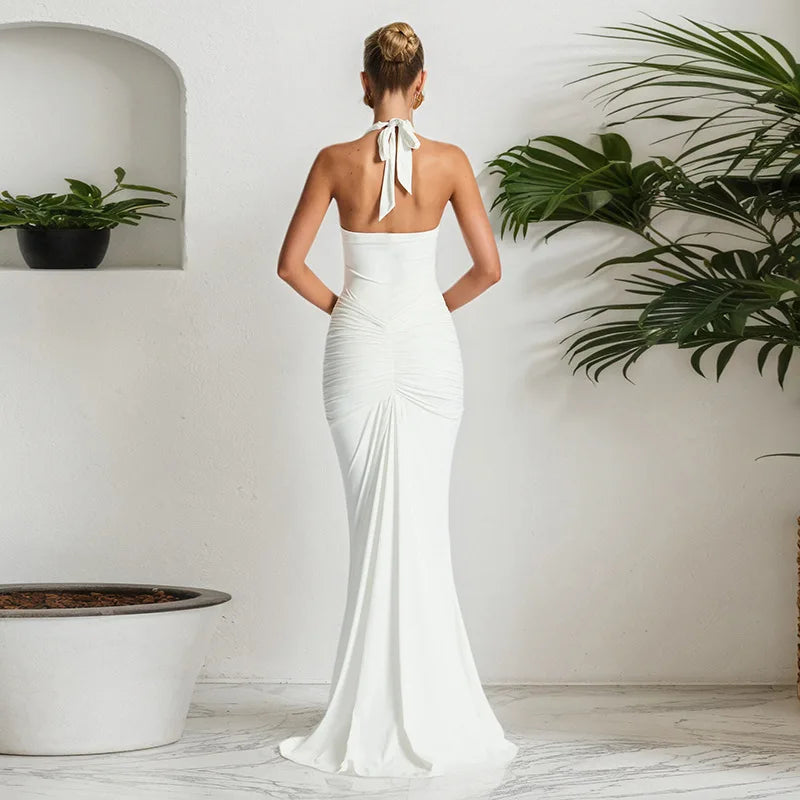 Sexy Deep V-neck Backless Halter Maxi Dresses Women's Sleeveless High Waist Bodycon Pleated Robe 2025 New Evening Party Gown