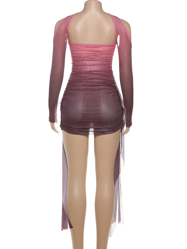Nibber Summer Vacation Sexy See Through Dress+Shawl Women Ruched Side Ribbon Coquette Skinny Midnight Clubwear Party Bodycon