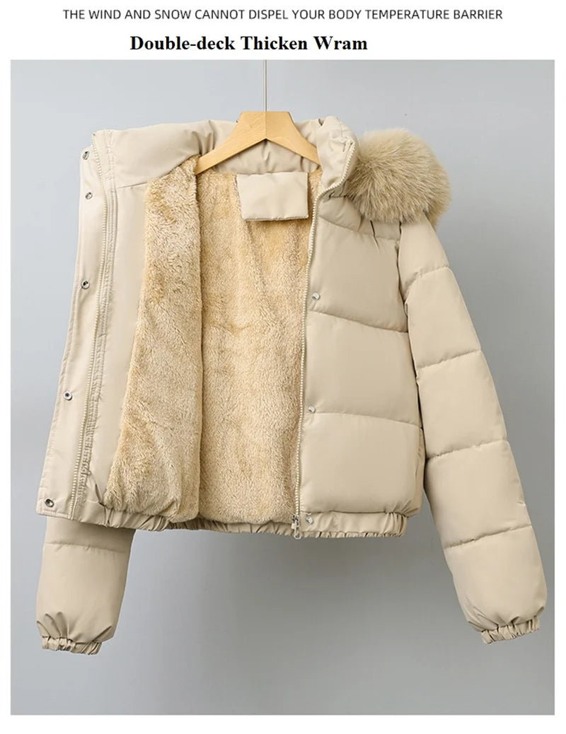 Winter Short Parkas Women's Cotton-padded Clothes Add Velvet Thicken Outerwear Fur Collar Removable Hooded Coats Warm Jackets