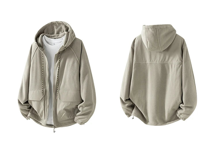 Autumn Velvet Hooded Jacket Men Outdoor Sport Techwear Loose Casual Plus Size Hoodie Cargo Jacket Outerwear Coat