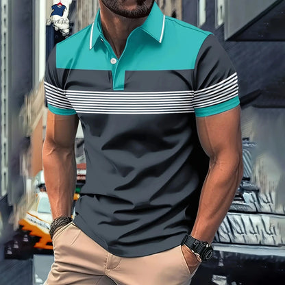 New Summer Striped Patchwork Striped Men's Polo T-shirt Fashion Lapel Button Sports Trend Street Wear Short Sleeve Top Men Shirt