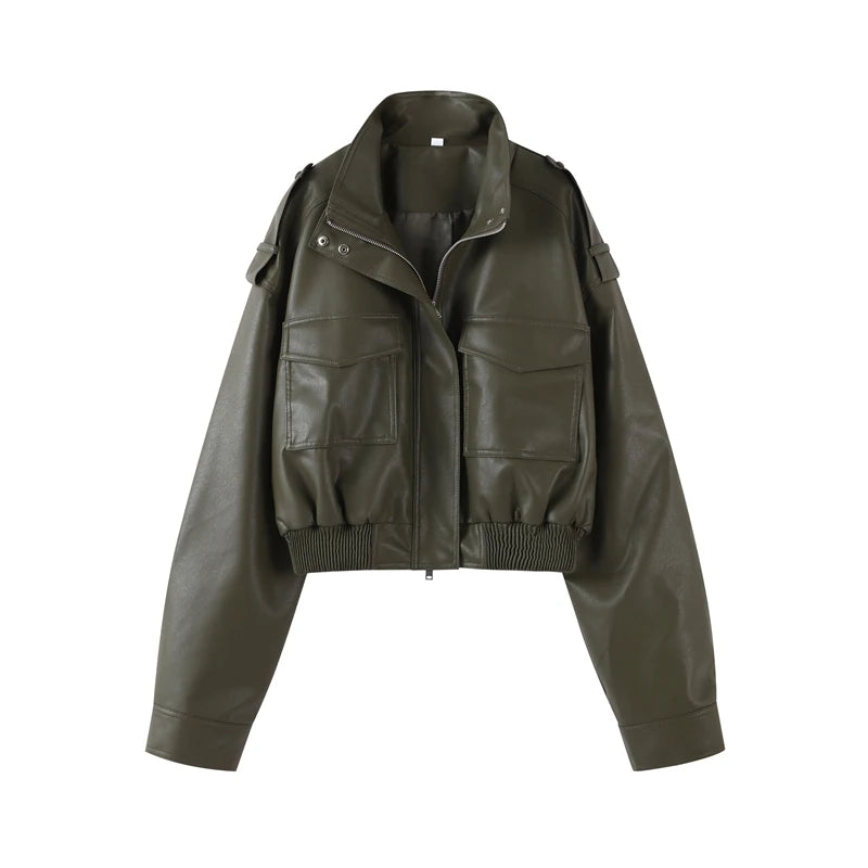 Vintage Zippers Short Leather Jackets Women's Casual Lapel Button Pockets Full Sleeve Coat 2025 Autumn New Lady Chic Streetwear