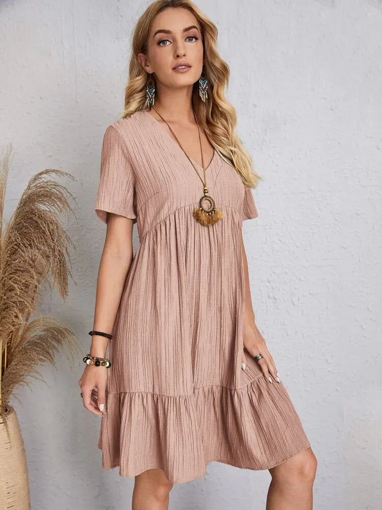Elegant Solid V Neck A Line Dress 2024 New Summer Ruffles Loose Mini Dress Casual Short Sleeve Beach Party Vestidos Streetwear