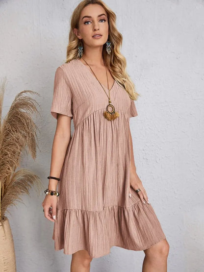 Elegant Solid V Neck A Line Dress 2024 New Summer Ruffles Loose Mini Dress Casual Short Sleeve Beach Party Vestidos Streetwear