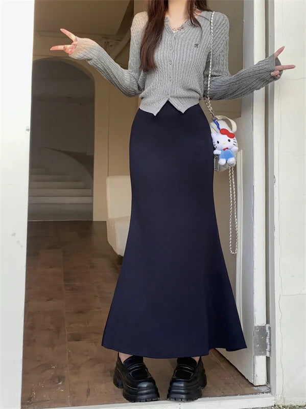 Solid Vintage Temperament Package Hip Skirts Elastic High Waist Simple Spring Autumn 2026 Fish Tail Skirt Casual Slim Long Skirt