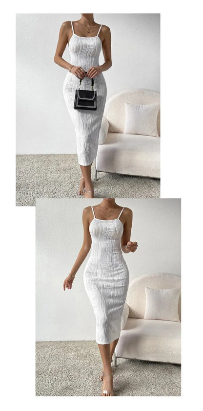 [You're My Secret]Summer Women Elegant Sexy Backless Square Collar Bodycon Club White Party Long Dress ure Color Sundress