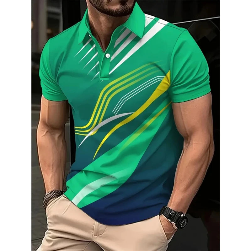 New 3D Printed Colorful Striped Man Polo Shirts Geometric Color Block Pattern Men's Clothes Shirt Casual Lapel Short Sleeve Tops