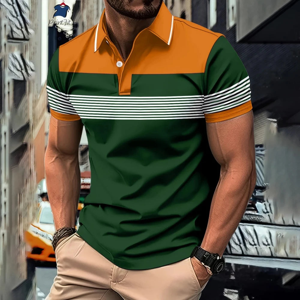 New Summer Striped Patchwork Striped Men's Polo T-shirt Fashion Lapel Button Sports Trend Street Wear Short Sleeve Top Men Shirt