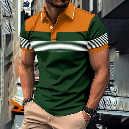 New Summer Striped Patchwork Striped Men's Polo T-shirt Fashion Lapel Button Sports Trend Street Wear Short Sleeve Top Men Shirt