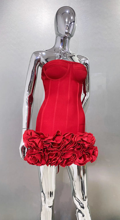 Stereoscopic Flowers Back Laceing Strapless Red Bandage Mini Evening Dress Sweet Woman Birthday Party Dress Performance costume