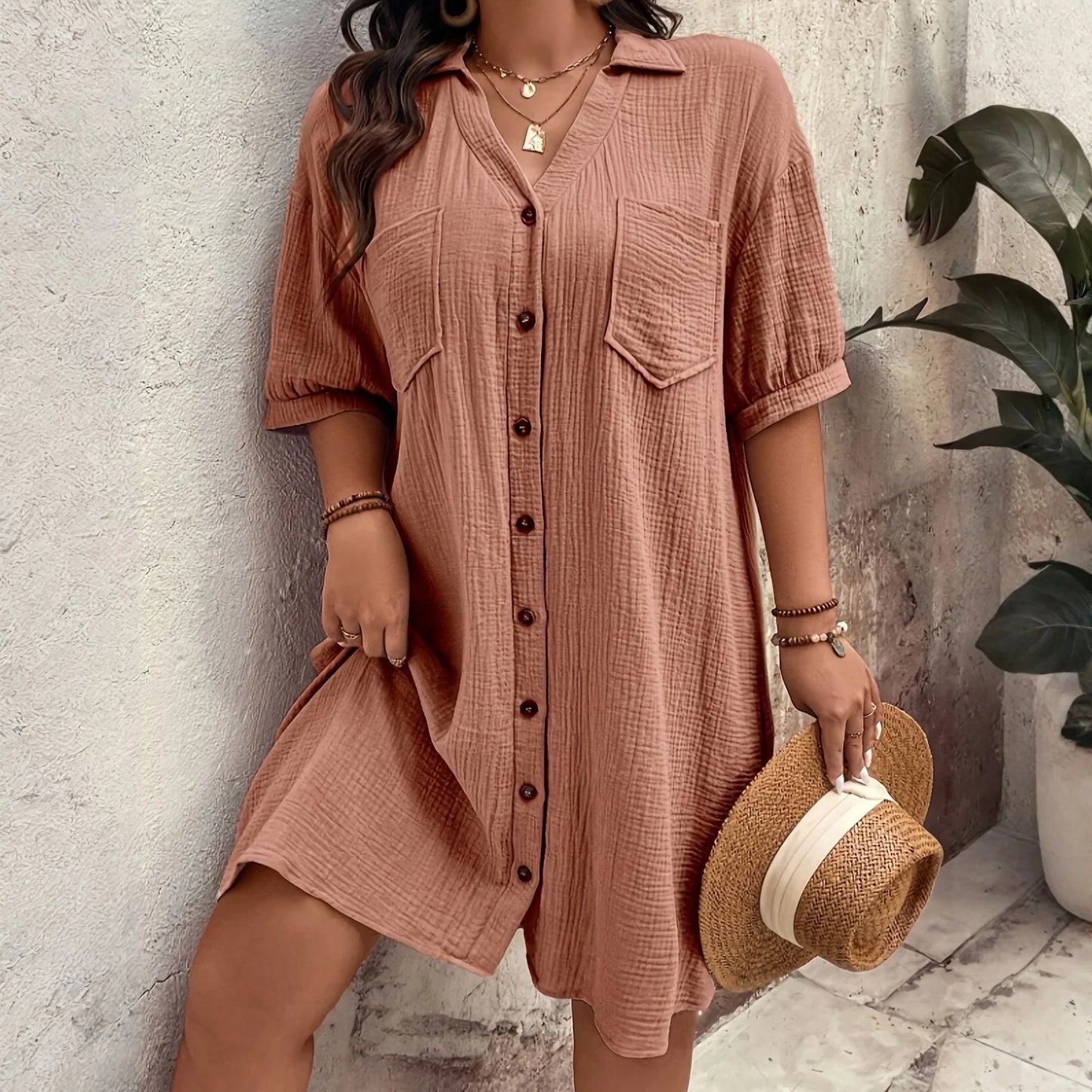 New Women'S Fashion Casual Solid Color Buttoned Mid-Length Short Sleeve Loose Dress Vestidos Para Mujer Ropa De Mujer 신상원피스