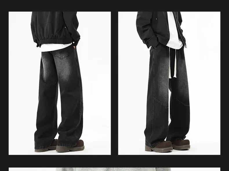 2025 Hip-hop Baggy Denim season elastic waist New Korean Men's Jeans American Loose Fit Wide-leg Straight Casual Trousers Street