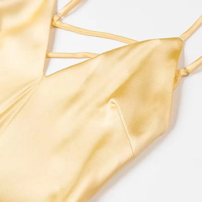 HH Women Summer Yellow Stain V Neck Sling Dress Elegant Sleeveless Loose Maxi Robes 2025 New Ladies Party Holiday Dresses