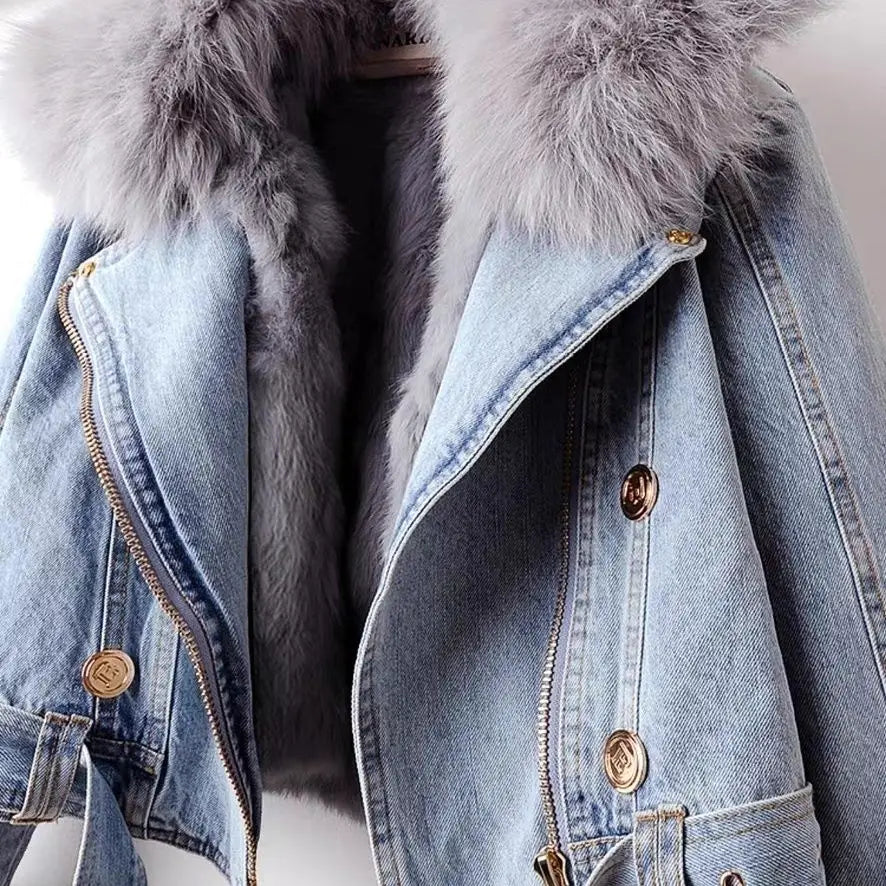 New Women Faux Fox Fur Collar Jean Coat Winter Jacket Female Short Warm Parkas Rabbit Hair Lining Outwear Fashion Overcoat