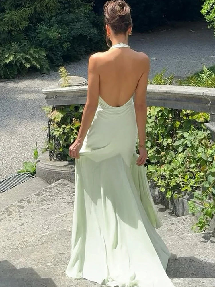 Nibber Vacation Patchwork Mesh Dress Women Halter Backless Deep V-Nec Sexy Irregular Hem Birthday Party Elegant Slim Vestidos