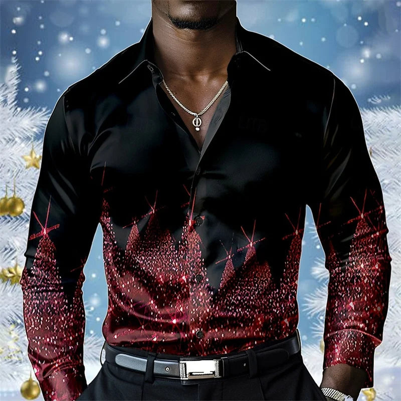 2025 Christmas Men's Christmas Scene Printed Shirt Snowflake Casual Fashion Lapel Button Long Sleeve Party Autumn Shirt XS-6XL