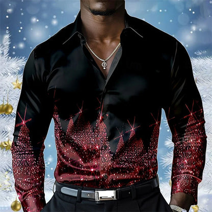 2025 Christmas Men's Christmas Scene Printed Shirt Snowflake Casual Fashion Lapel Button Long Sleeve Party Autumn Shirt XS-6XL