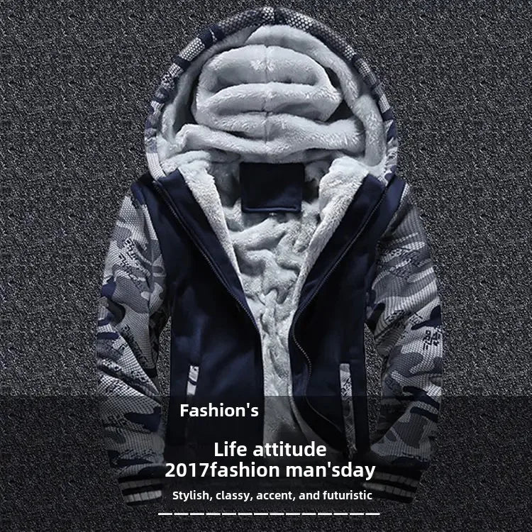 Men's Warmth Hooded Fleece Lined Thickened Baseball Jacket Sweatshirt Korean Style Sporty Top Winter Autumn Seasonal Wear
