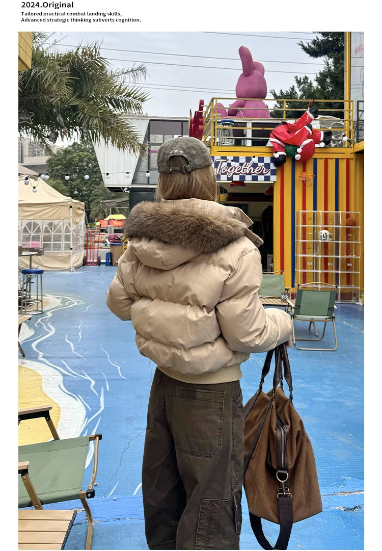 Autumn Winter Fur Hooded Jacket Women Outerwear Thick Dowon Cotton Padded Slim Short Parkas Female Cropped Puffer Bubble Coat