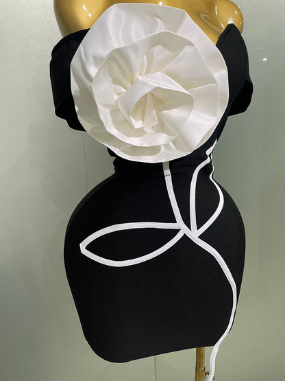 Women 2025 New Sexy Off Shoulder White Flower Black Mini Bodycon Bandage Dress Luxury Celebrity Evening Club Elegant Party Gowns