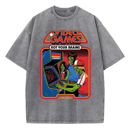Video Games Rot Your Brains Washed Retro Mens T-Shirt Cotton Loose Tees Cotton Oversize Streetwear Breathable Tshirt Couple