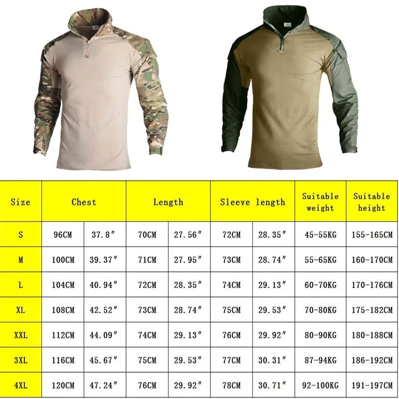 Men's Outdoor Tactical Shirts Long Sleeve Outfit Combat Shirt 1/4 Zipper Ripstop Tops Workwear pullover Camo Airsoft T-Shirts