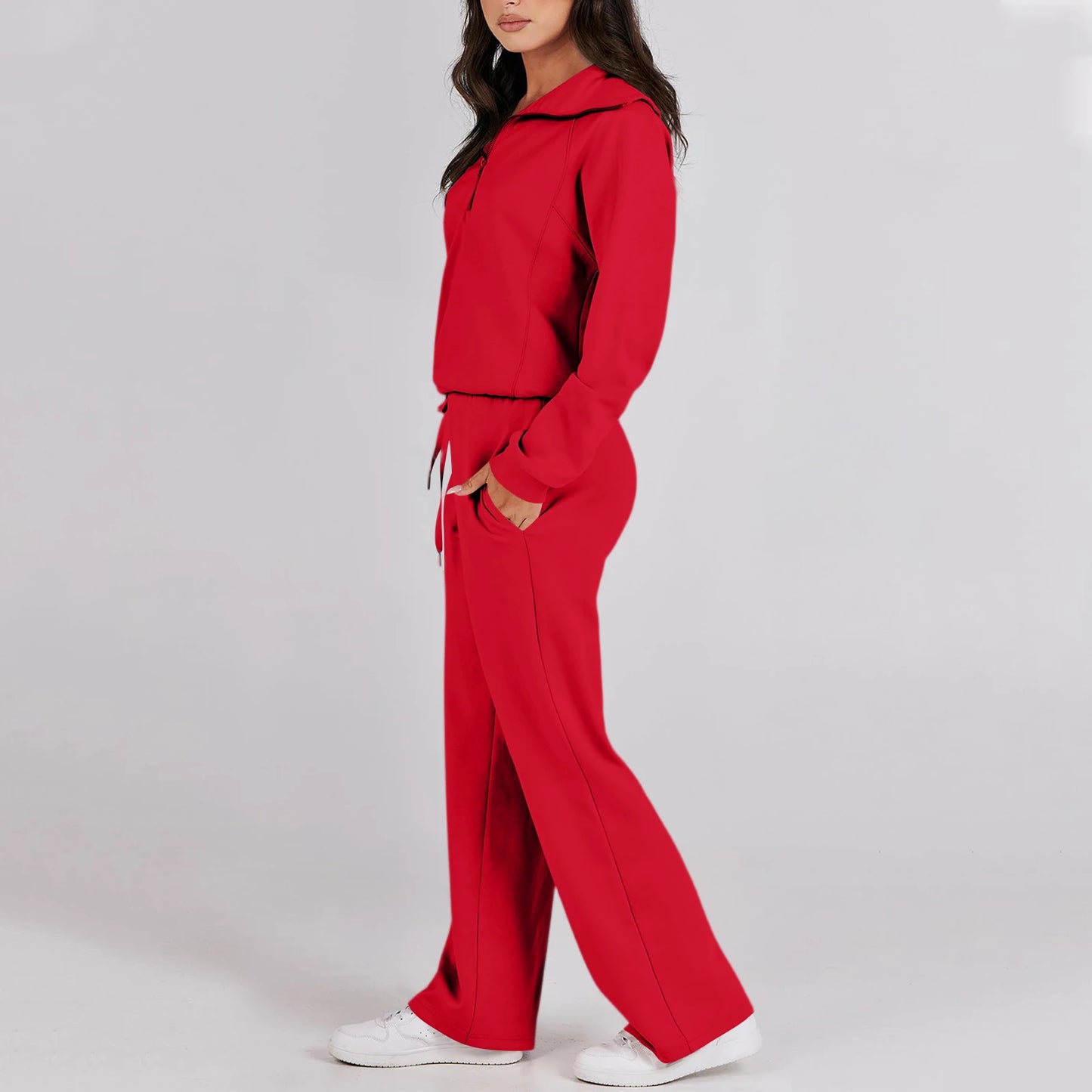 Solid Two-piece set Women Fashion Long Sleeve Zipper Sweater Pullover Tie up Pocket Wide Leg Pant Suit Loose Casual Sport Sets