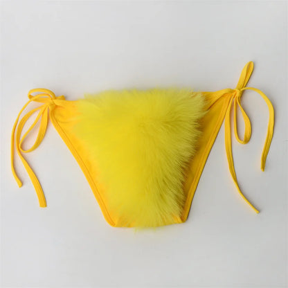 Summer Women Fake Fox Fur Sexy Halter Solid Color Bikini Set Swimsuits Triangle Sexy Bikini Set Faux Fur Swimsuit Plush Swimwear