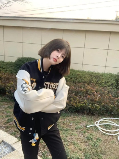 New Fashion Letter Pattern Flocking Embroidery Casual Jacket Women Y2K College Hip Hop Popular Couple Sport Baseball Uniform Top