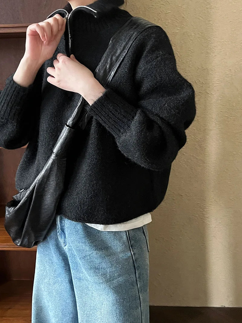 2026 Women Turn Down Collar Sweater Long Sleeve Zipper Design Warm Cardigans Clothes Tops For Women Winter Sweater Pull Femme