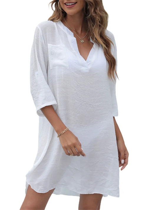 CHRONSTYLE Women Swimsuits Long Sleeve Shirts Mini Dress Bikinis Cover Ups Summer V Neck Solid Color Bathing Suit Cover Ups 2025