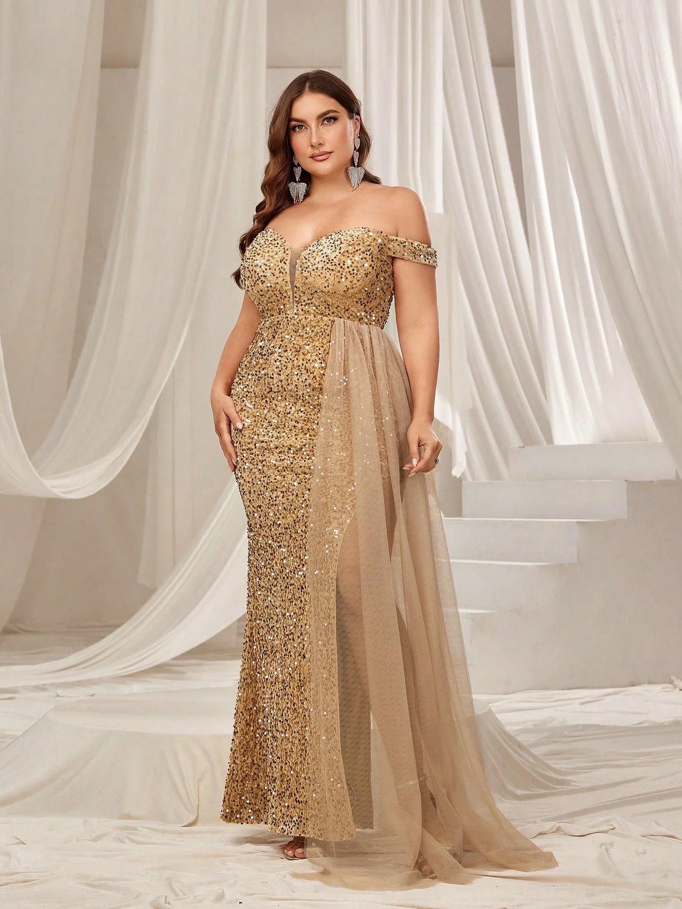 Plus Size Off Shoulder Contrast Mesh Draped Sequin Formal Dress