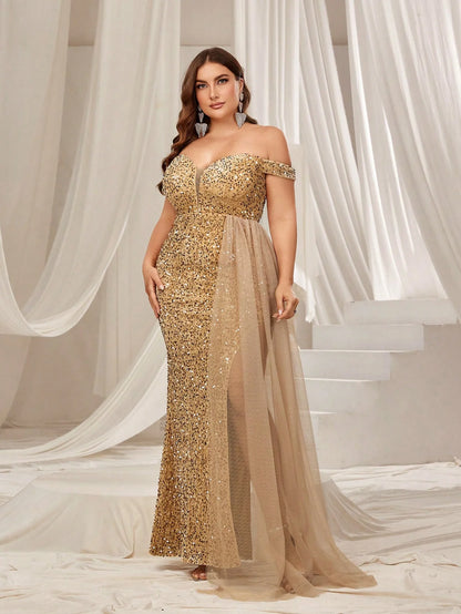 Plus Size Off Shoulder Contrast Mesh Draped Sequin Formal Dress