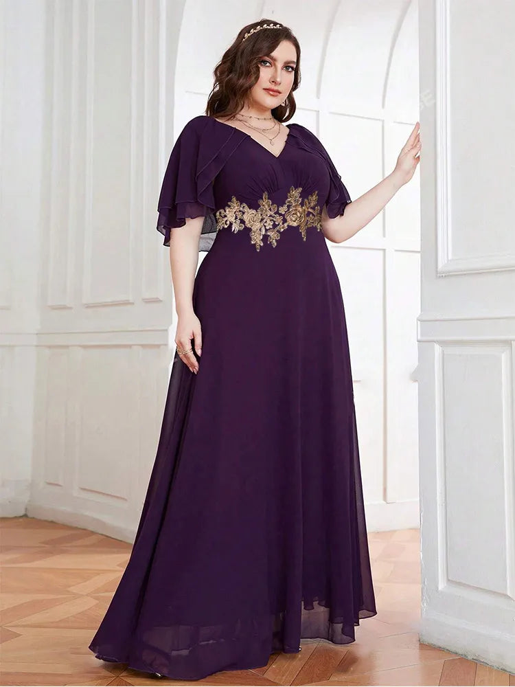 Plus size V-neck 4XL5XL luxury chiffon floor-length bridesmaid wedding evening dress Big Size chiffon Prom Gown for Women 2024