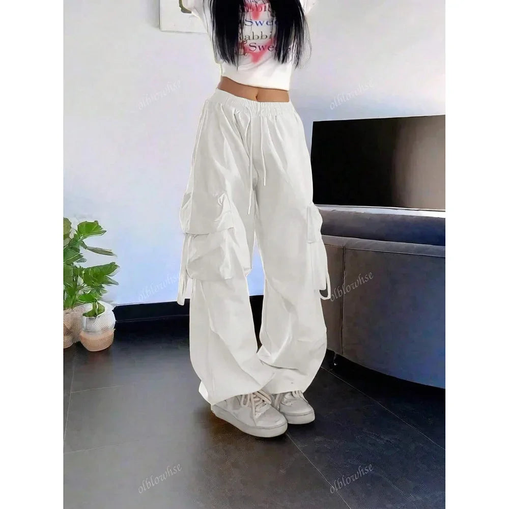 Loose Wide Leg Casual Pants Women's Workwear Trousers with Big Pockets Vintage Long Pants High Street Trend New 2025