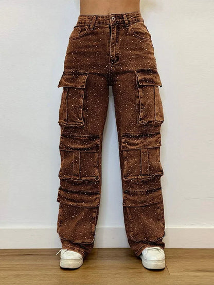 CPSYMYM Bright Drill Women's Work Jeans Chic Multiple Pockets High Waist Button Female Jean  Spring Summer Y2K Lady Streetwear