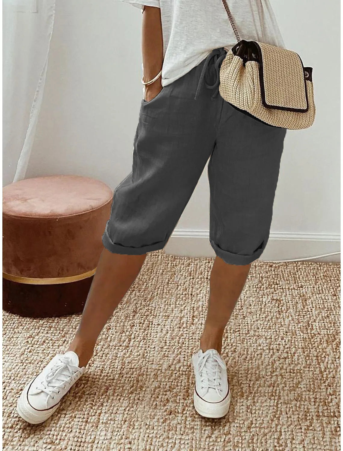 Women Cotton Linen Harem Knee Length Pants Summer High Elastic Drawstring Pocket Solid Color Shorts LRFZ-911