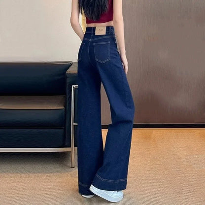 Girls Fashion Korean Straight Casual Jeans Female Baggy High Waist Wide Leg Denim Pants Women Classic Wash Dark-blue Trousers