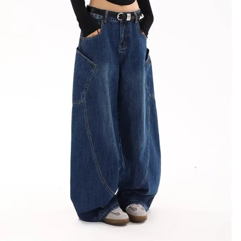 American Retro Knife Pocket Wide Leg Jeans Women's Spring Autumn Style Hot Girl High Street Design Loose Floor-Length Pants