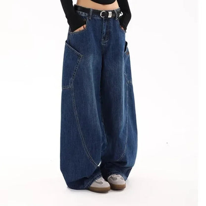 American Retro Knife Pocket Wide Leg Jeans Women's Spring Autumn Style Hot Girl High Street Design Loose Floor-Length Pants