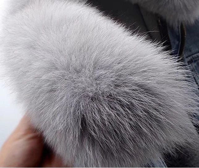 New Women Faux Fox Fur Collar Jean Coat Winter Jacket Female Short Warm Parkas Rabbit Hair Lining Outwear Fashion Overcoat